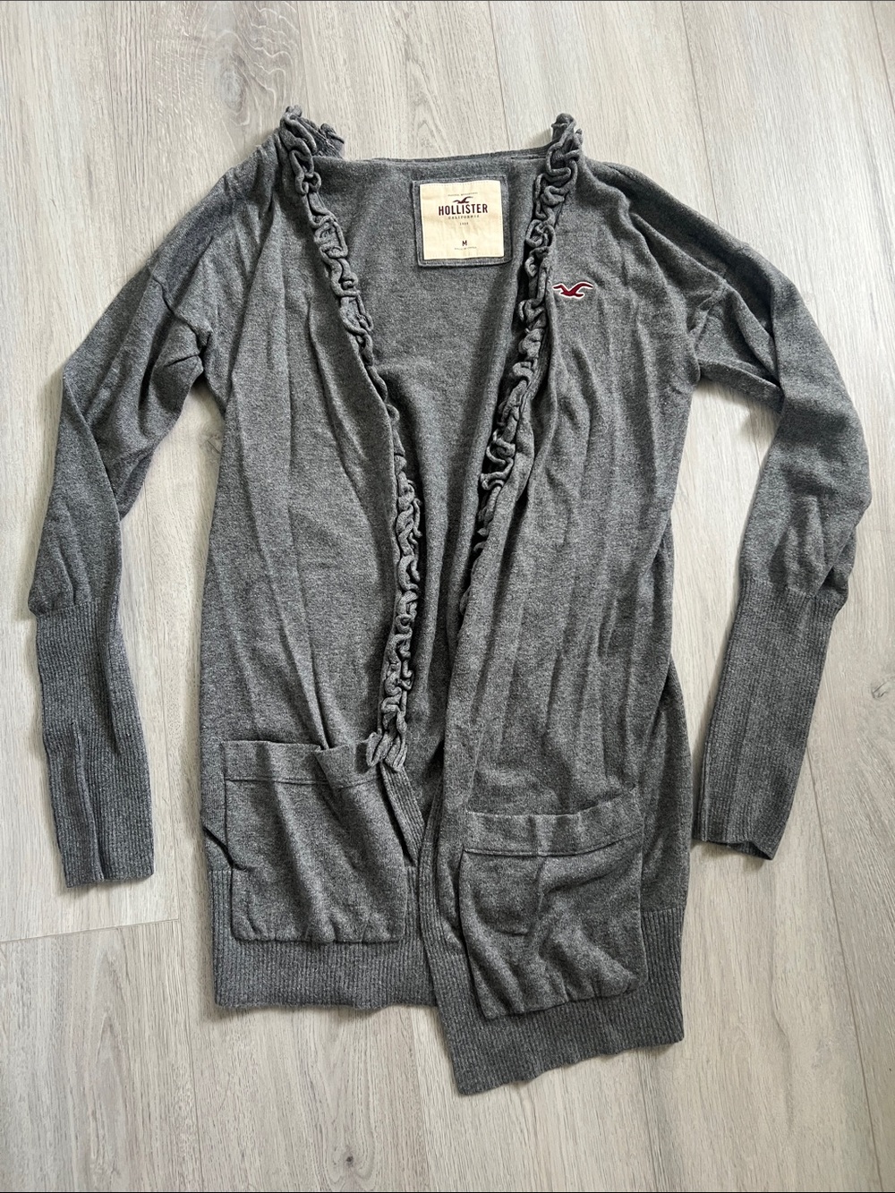 Hollister Y2K Dark Gray Ruffle-Trim Open Casual Cozy Cardigan Size Medium